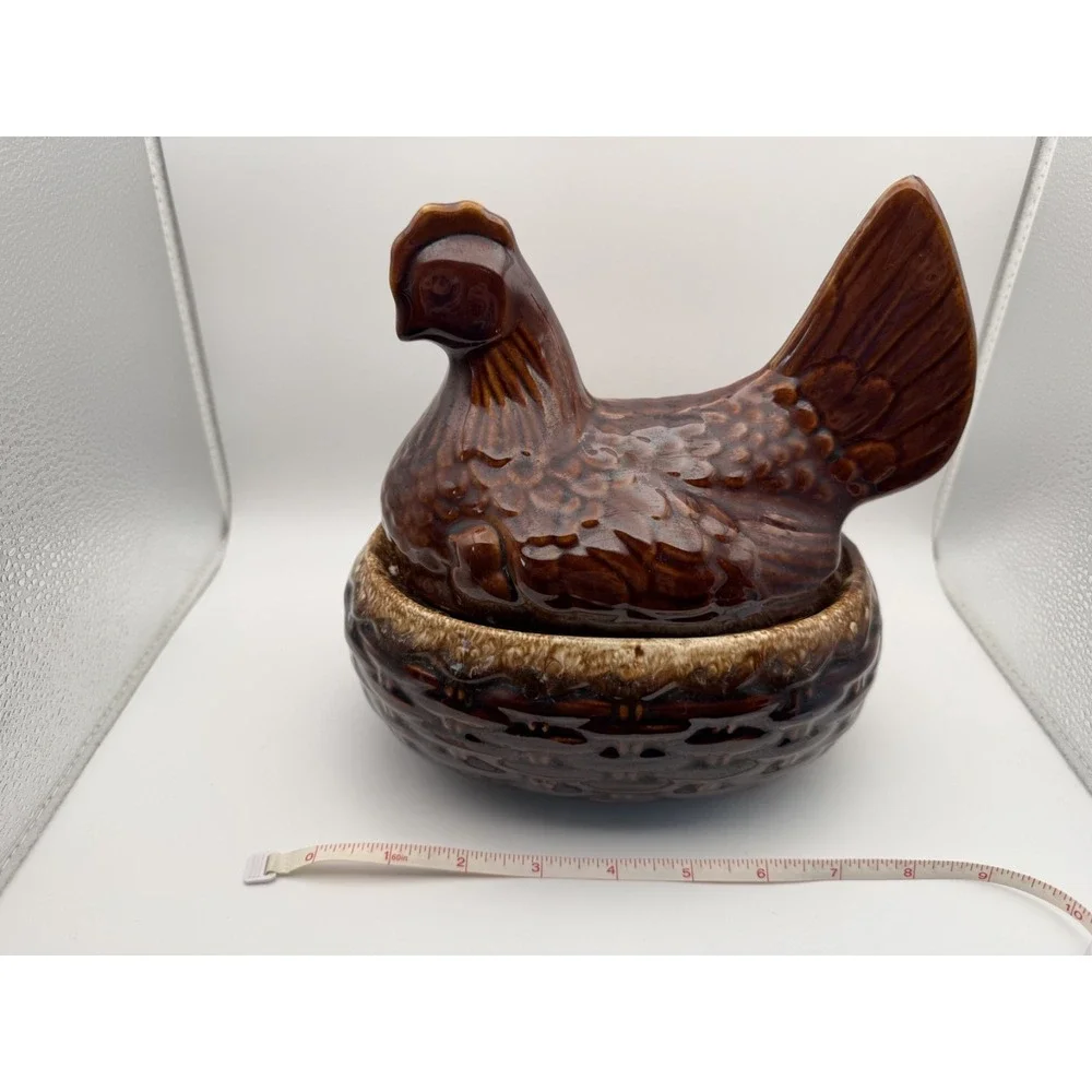 Hull Brown Drip Mirror Glaze Chicken Hen on Nest Casserole & Lid Vintage 8